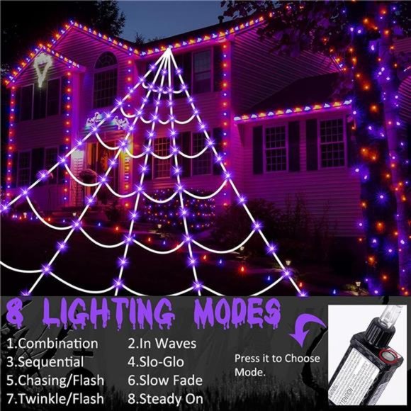 150 LED Lighted Spider Web16.4Ft Halloween Decor Light up with 8 Lighting Modes - Picture 3 of 6